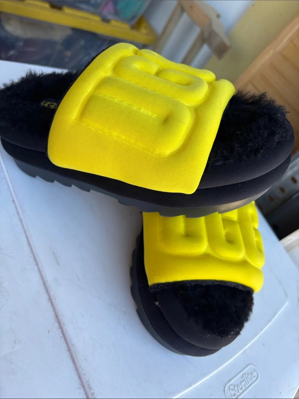 UGG Kids Black and Yellow Fluff Slide Sandals